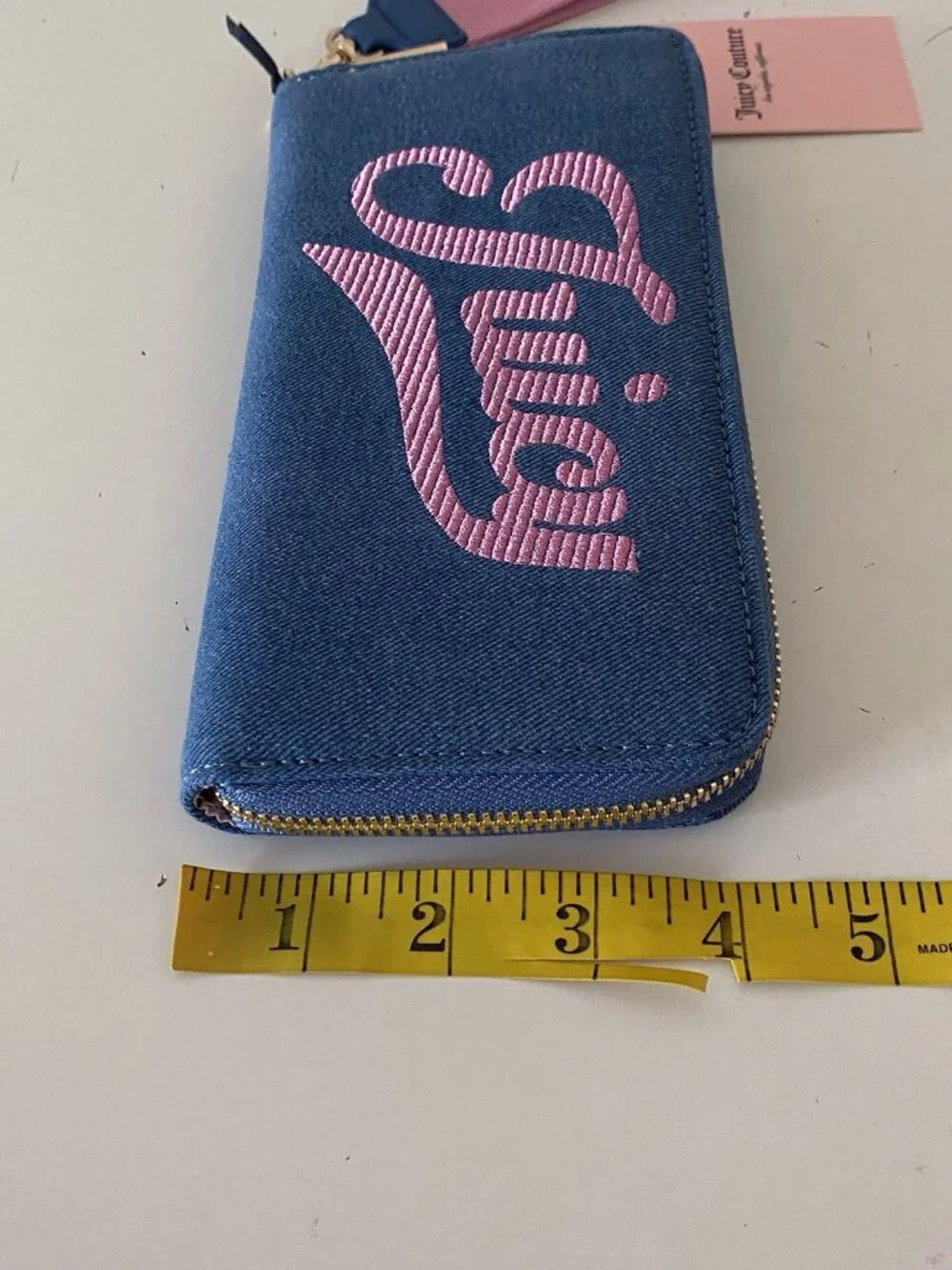 Juicy Couture Too Cute Large Zip Around Wristlet Wallet Medium Washed Denim NEW